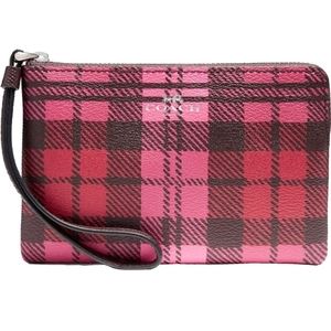 COACH Corner Zip Wristlet Shadow Plaid Pink Red